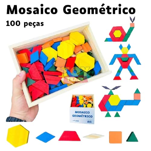 Mosaico Geométrico 100 Peças em Madeira Coloridas Educativo Escolar