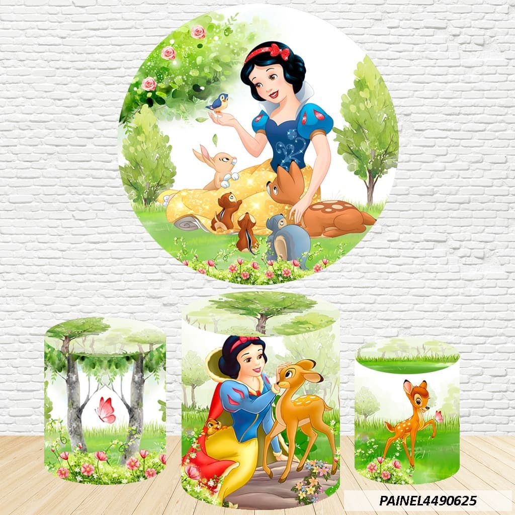 Kit de Capa Painel Redondo Sublimado Branca de Neve 1,50M + Trio Capas de Cilindro C/Elástico