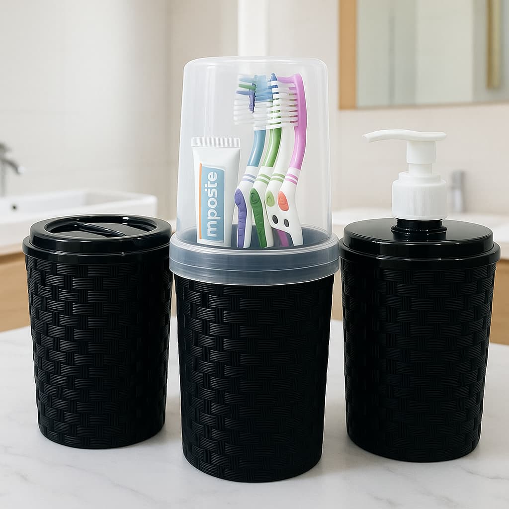 Kit Banheiro Lavabo Porta Sabonete Líquido Rattan Plástico 3 Peças Kit Toalete Delta Útil Cor Preto