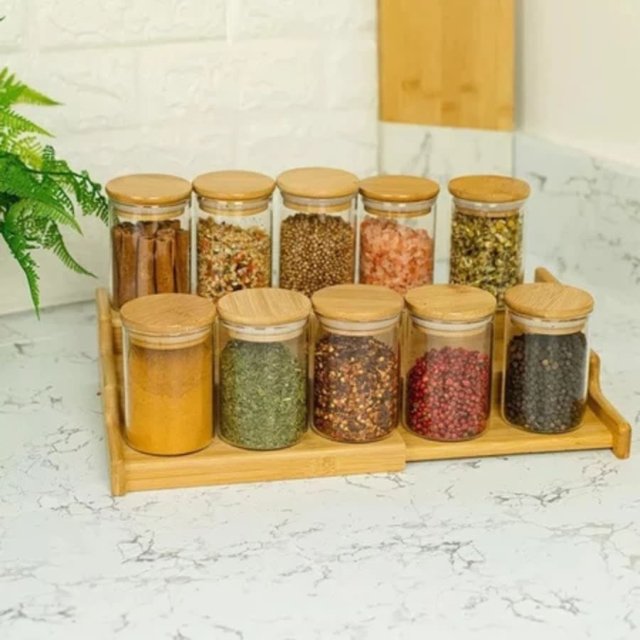 5 Potes de Vidro 250ml com Tampa de Bambu – Armazenamento Hermético com Estilo Gourmet