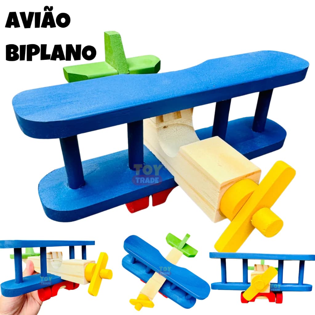 Avião Biplano em Madeira Infantil Colorido Brinquedo Educativo Pedagógico