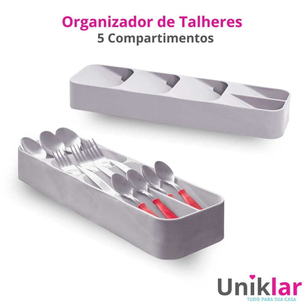 Organizador De Talheres Antiderrapante 5 Divisórias Cinza Cozinha Poliuretano