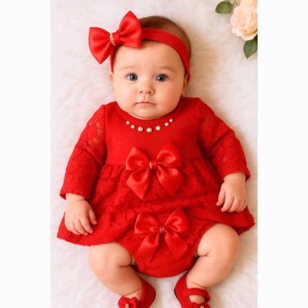 Vestido Bebe Kit 4 Peças Sapatinho Calcinha Tiara Manga Longa Curta Renda Roupa Bebe Festa Ensaio