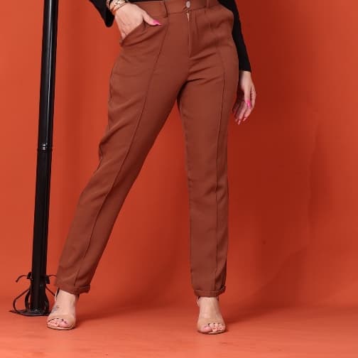 calça cintura alta alfaiataria bolso faca dobra na perna social moda gringa