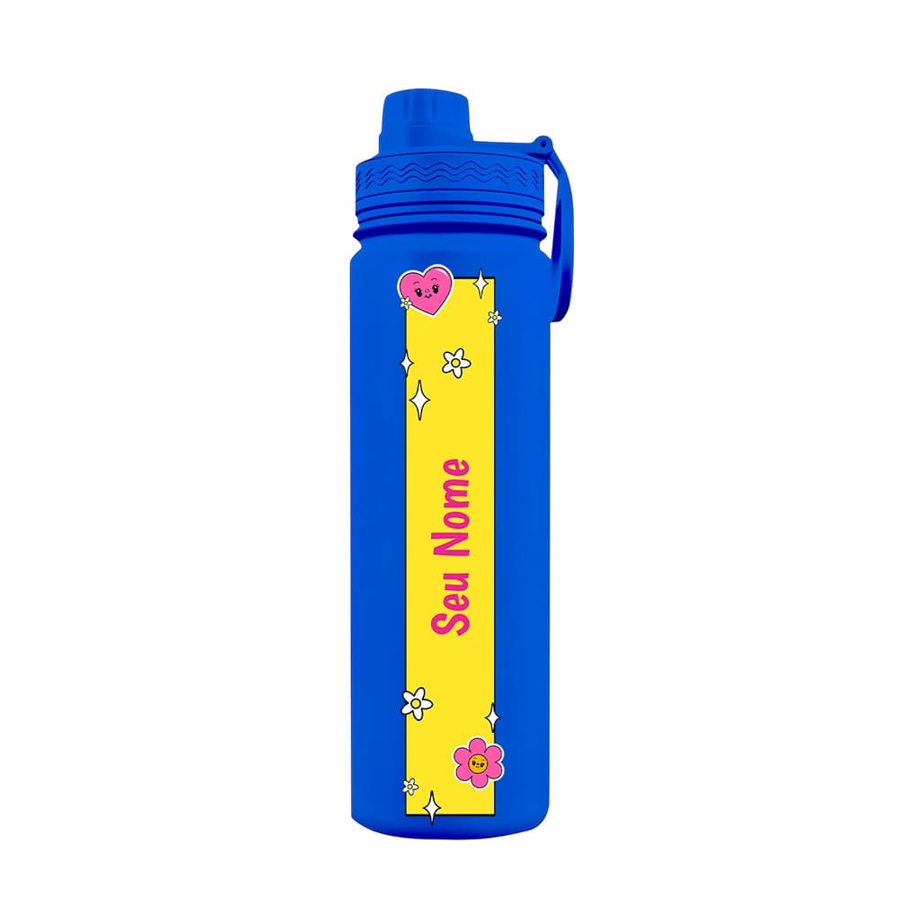 Garrafa Térmica Fresh Com Alça Personalizada Flores e Coração Com Nome