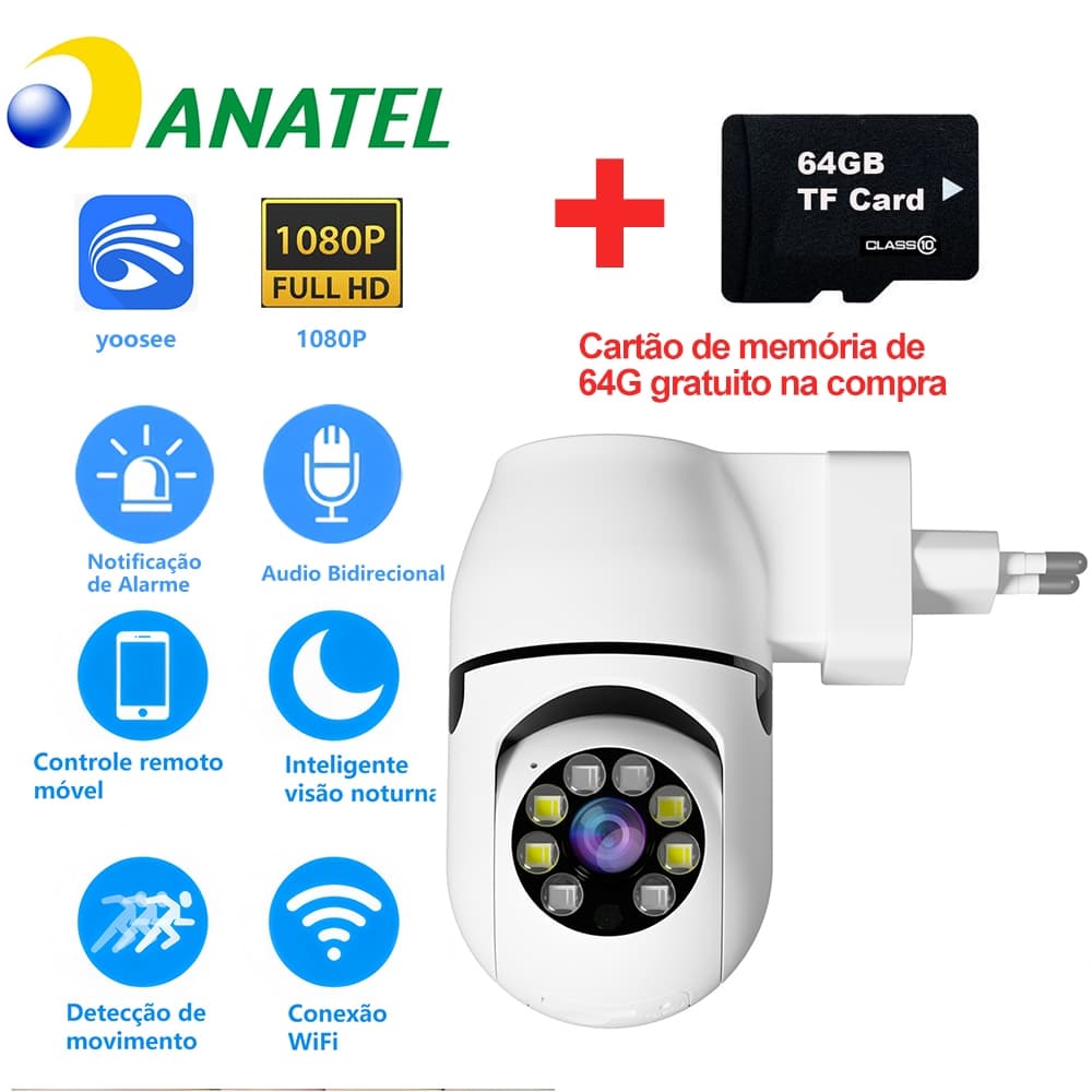 Câmera de segurança Wi-Fi PTZ 360° - Visão noturna colorida, áudio bidirecional, aplicativo Yoosee,entrega de correios