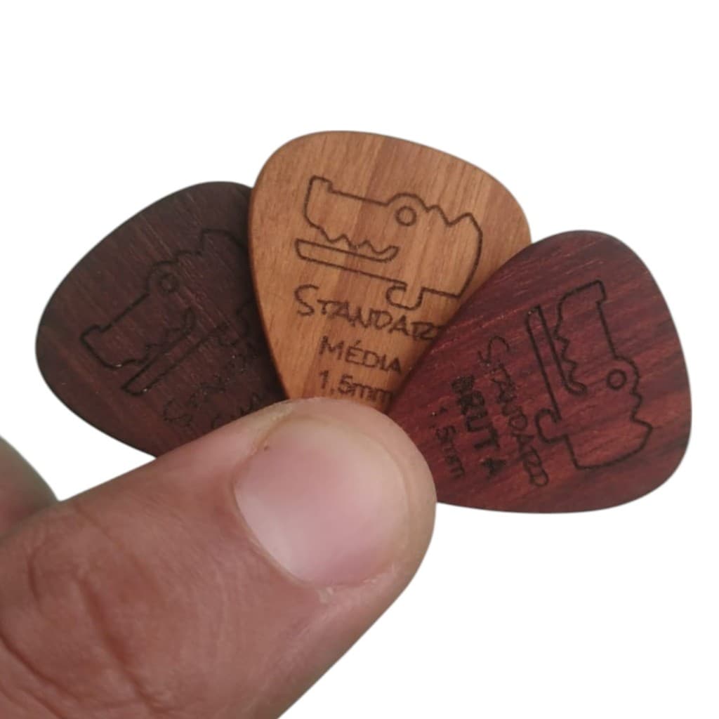 Palheta Standard de Madeira Jacarandaz 3 Madeiras 1,5mm Médias e Dura Guitarra Violão Ukulele