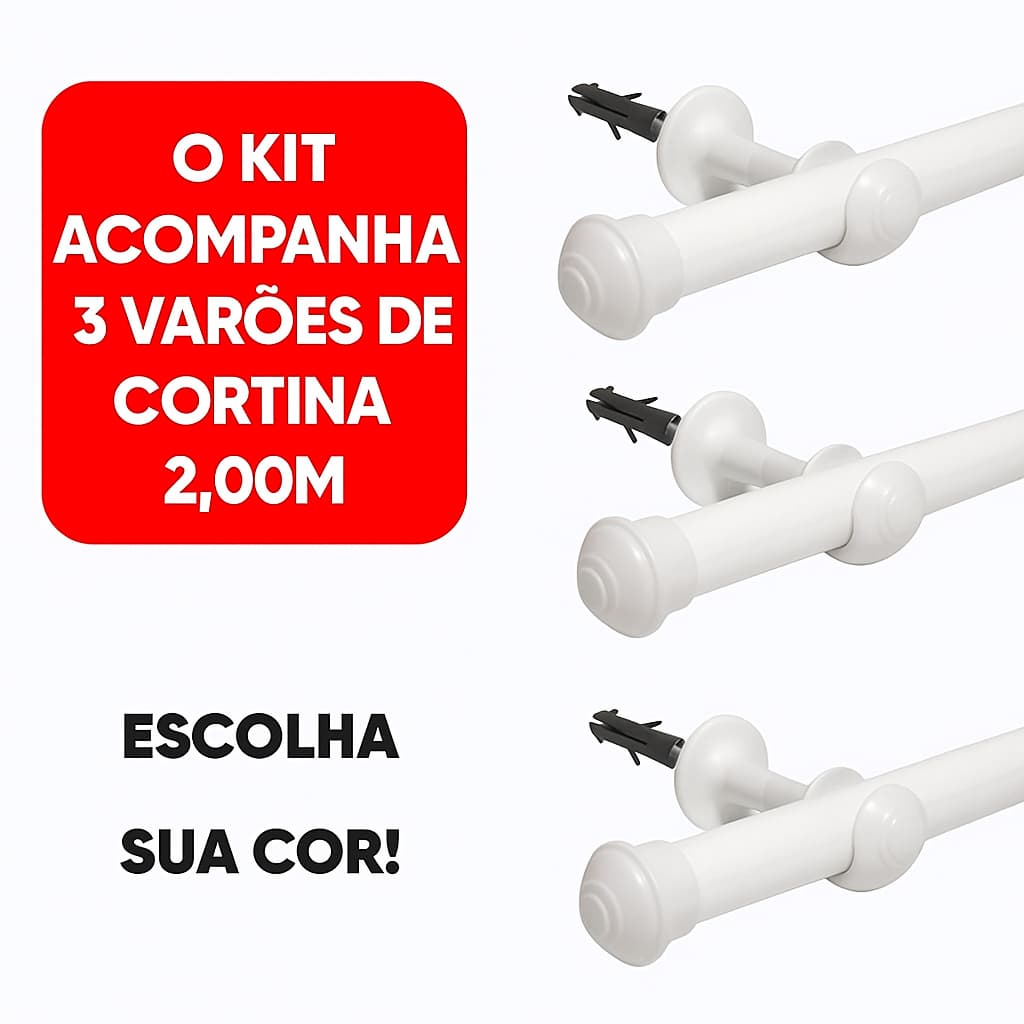 Kit com 3 Varões de Madeira Para Cortina Simples 2,00 Metros 19mm Varão Ponteira Suporte Completo
