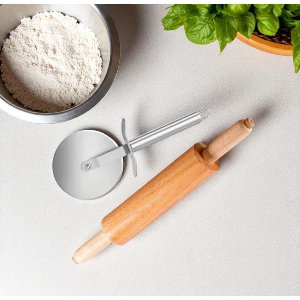 Kit Rolo Para Massas e Cortador de Pizza Aço Inox Restaurantes Bares Pizzarias