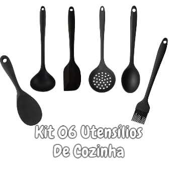 Jogo de Cozinha kit conchas 6 Peças de Silicone Utensílios Preto Resistentes ao Calor