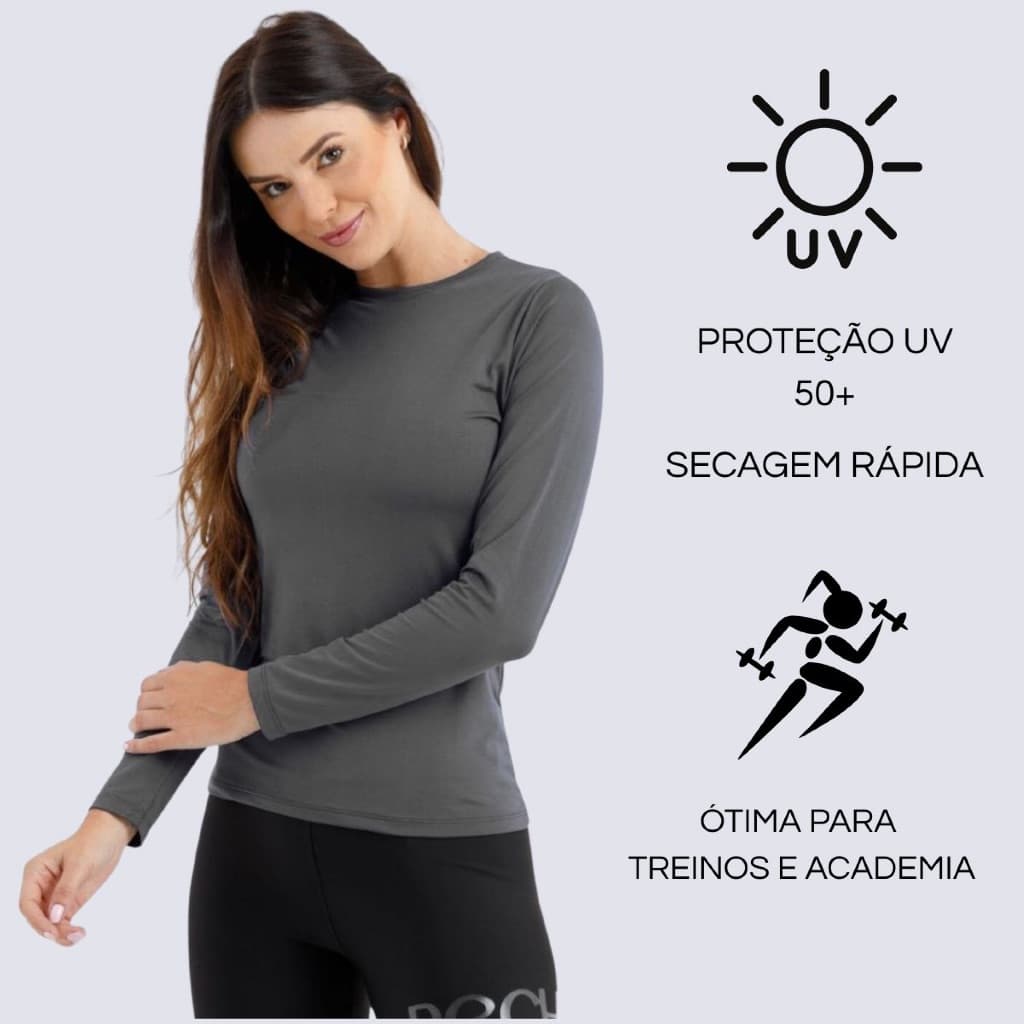 Camisa Manga Longa feminina Proteção Solar Uv +50 Camiseta Segunda pele blusa lisa