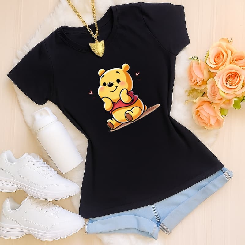 Blusinha camiseta camisa basica estampada algodão premium desenho ursinho puff feminina