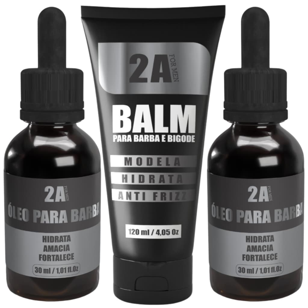 Kit Barba Completo 2A For Men Balm e Óleo para Barba e Bigode Hidrata, Amacia, Fortalece e Modela