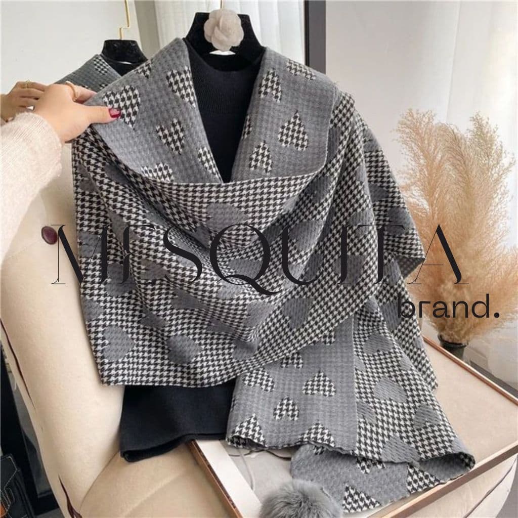 Cachecol Echarpe Dupla Face Coração Xadrez De Tricô Malha Premium Pashmina