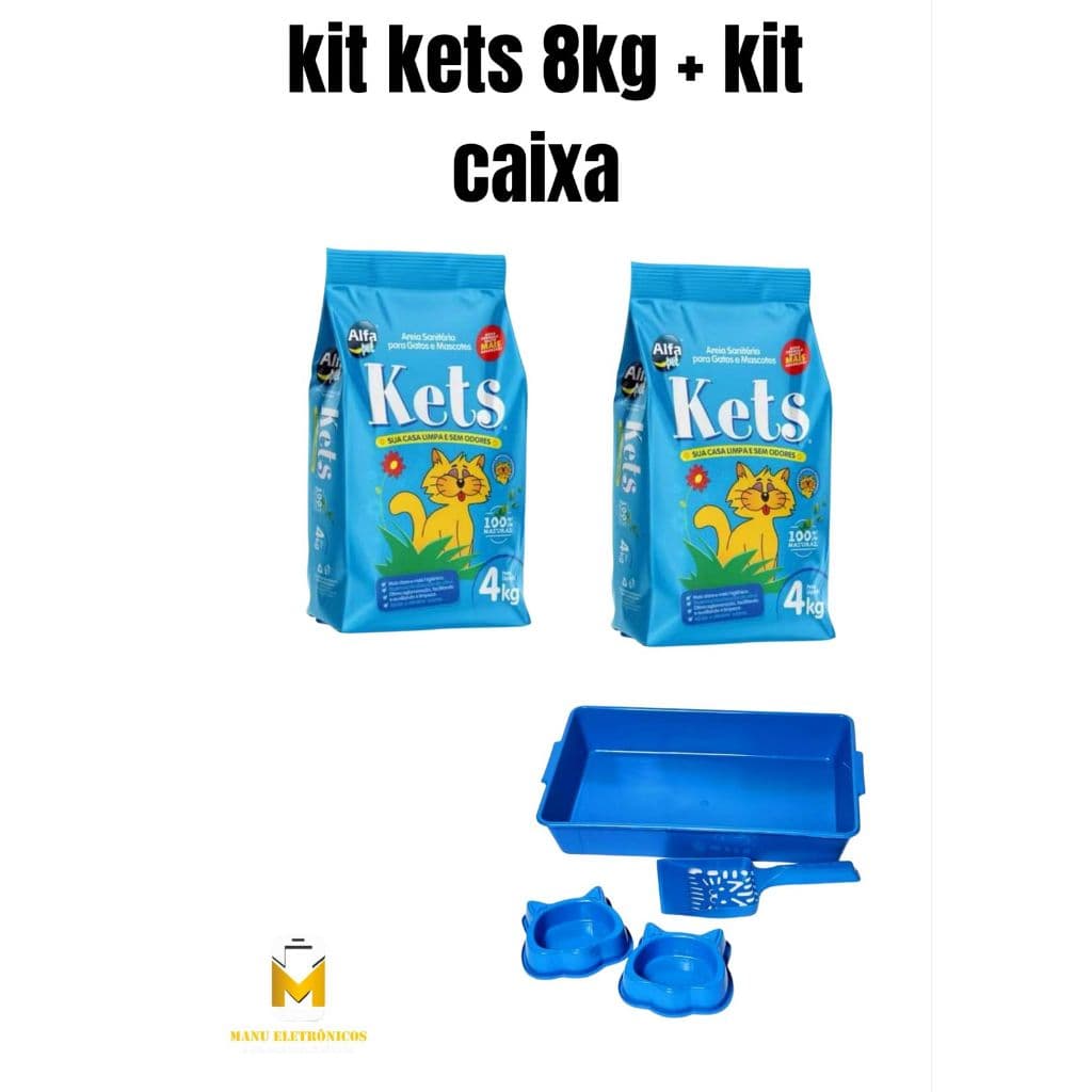 Kit Areia Kets 4Kg ou 8kg + Caixa de Areia para gatos + comedouro + bebedouro + pazinha