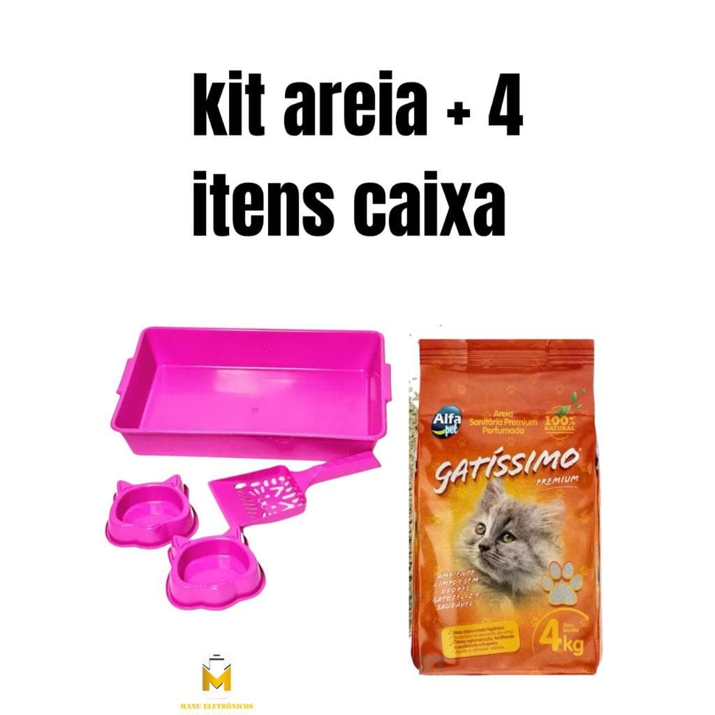 Kit Areia Gatissimo Perfumada 4Kg + Caixa de Areia para gatos + comedouro + bebedouro + pazinha
