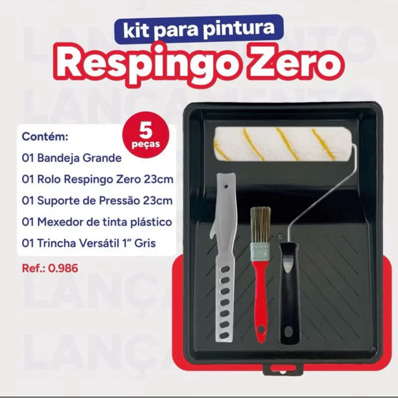 Kit Pintura Compel 5 Peças sem respingo – Rolo 23cm + Suporte + Bandeja + Pincel 1” + Mexedo