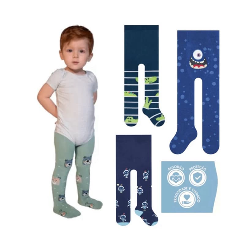 Kit 2 Meia Calça Bebe 0 a 24 Meses Com Pé Menina e menino Inverno Grossa Fio 80 Lisa e Estampada