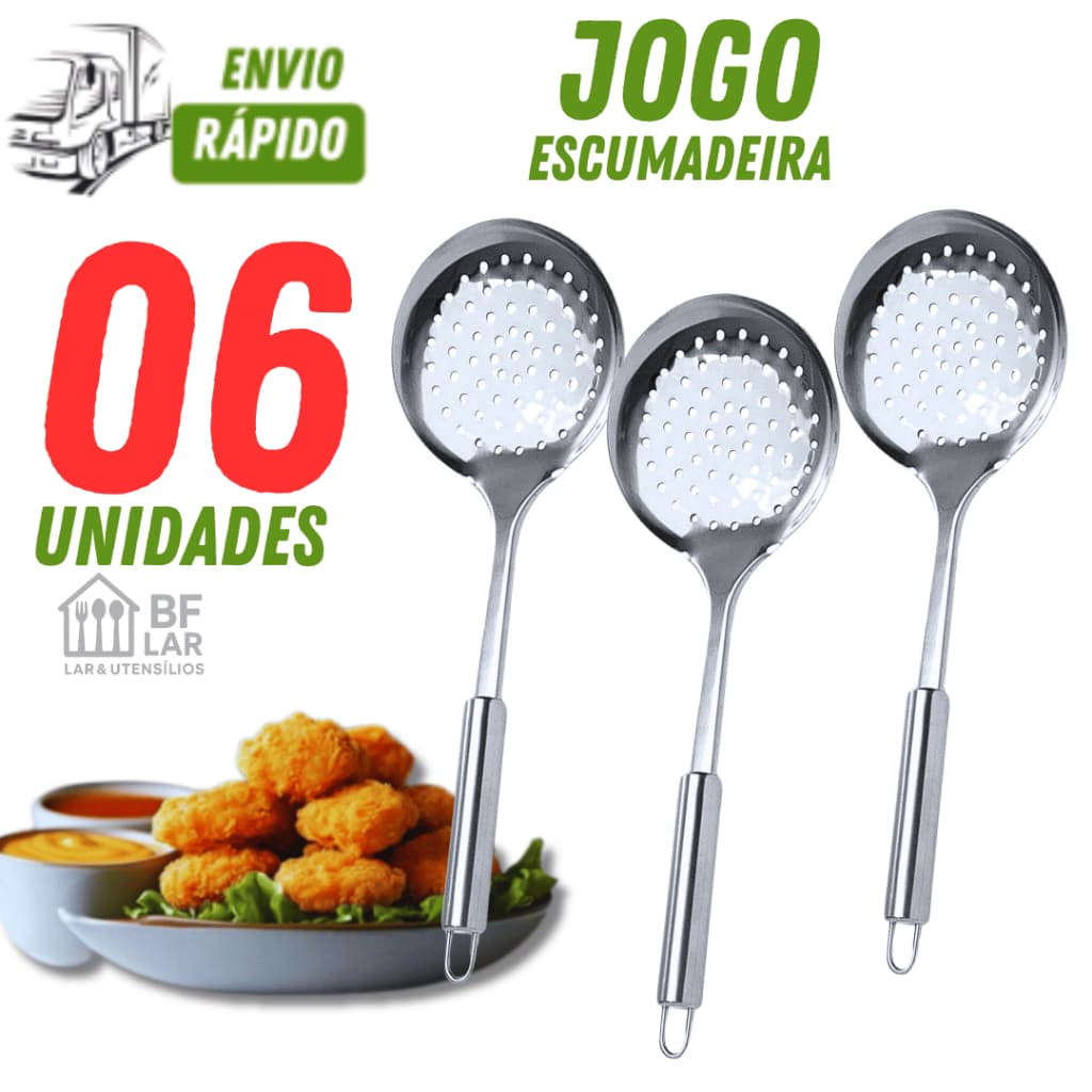 CONJUNTO KIT 06 UNIDADES ESCUMADEIRA LINHA INOX RESISTENTE VARIÁVEIS UTILIDADES MULTIUSO PREMIUM