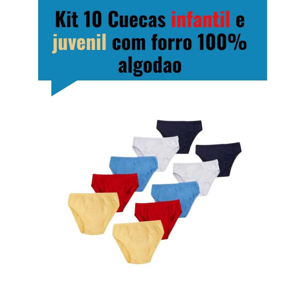 Kit 10 Cueca infantil  slip de algodao com forro  Cores Sortidas