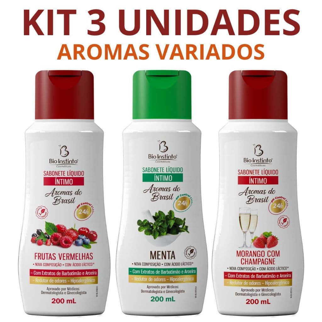 Kit 3 Sabonete Íntimo Variados Morango + Menta + Frutas Vermelhas 200ml Bio Instinto