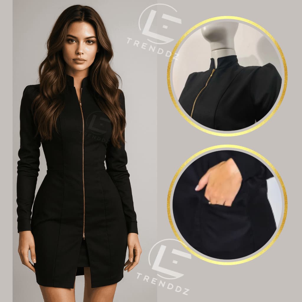 JALECO FEMININO PRETO MANGA PRINCESA, ZIPER DOURADO.