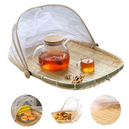 cesto porta pães bolo bambu cobertura tela retrátil 32cm/46cm