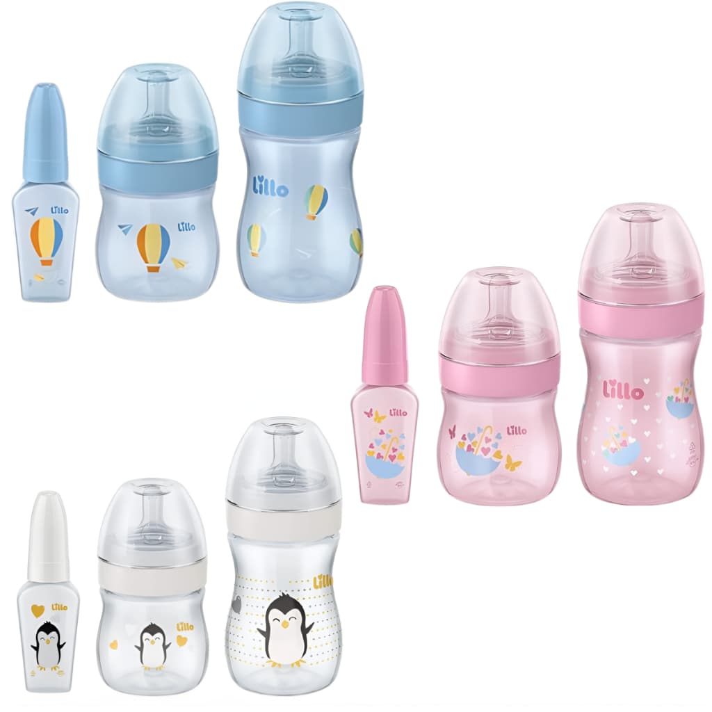 Kit 3 Mamadeiras Evolution Primeiros Passos com Chuquinha Lillo 50/150/240mL Tampa Antivazamento