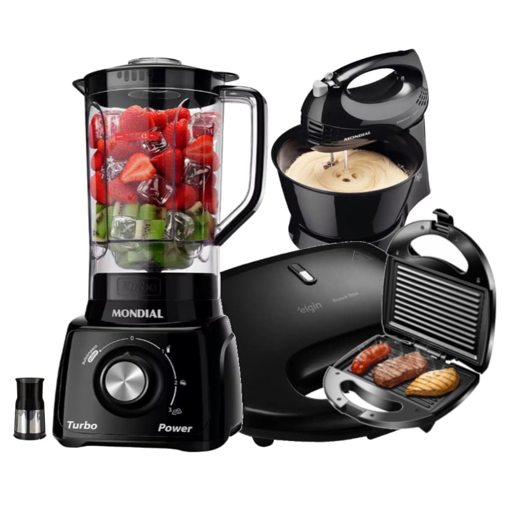 Kit Mondial Liquidificador Preto + Sanduicheira + Batederia 220v / 110V
