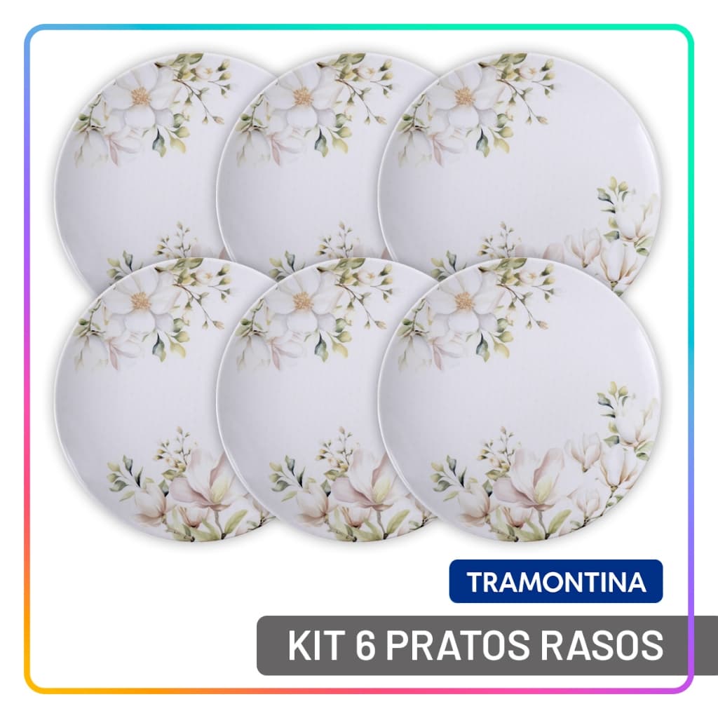 Aparelho de Jantar Jogo de Pratos Rasos 28 cm Tramontina Magnólia em Porcelana Decorada 6 Peças