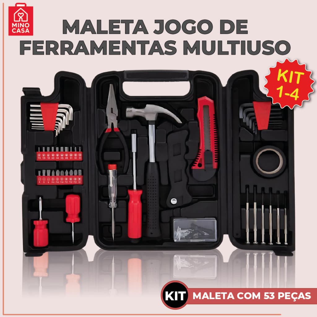 4 Maletas Jogo Kit de Ferramentas 53 Peças Maleta Serviços Gerais Multiuso Com Maleta Healer