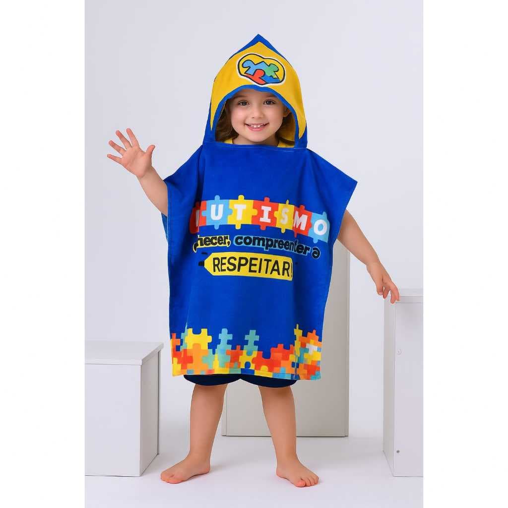 Toalha Poncho Autismo Infantil Capuz Unissex Inclusiva Banho Praia Piscina