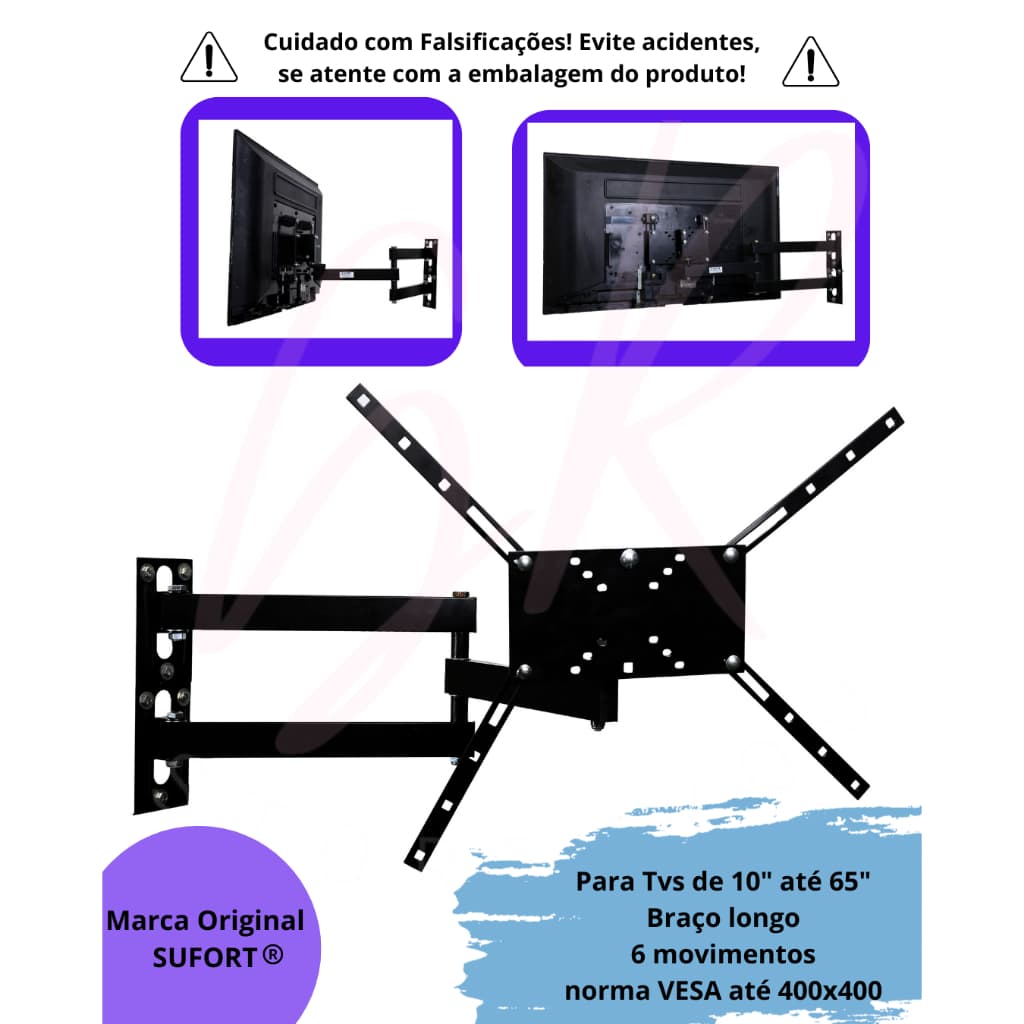 Suporte Tv  Tri articulado Braço Longo 65cm ' com inclinação,  6 movimentos  Sufort LCD65