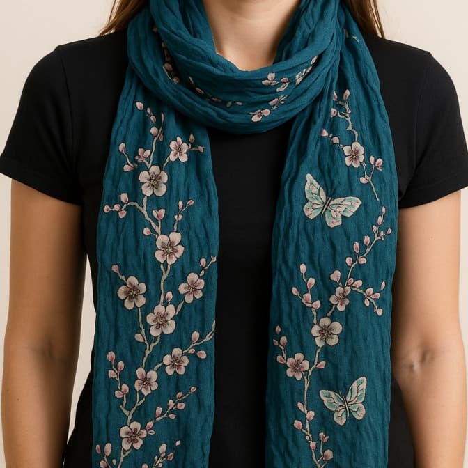 Lenço Echarpe Cachecol Feminino Longo Estampado Borboletas e Flores 165cm x 40cm 01W32-10