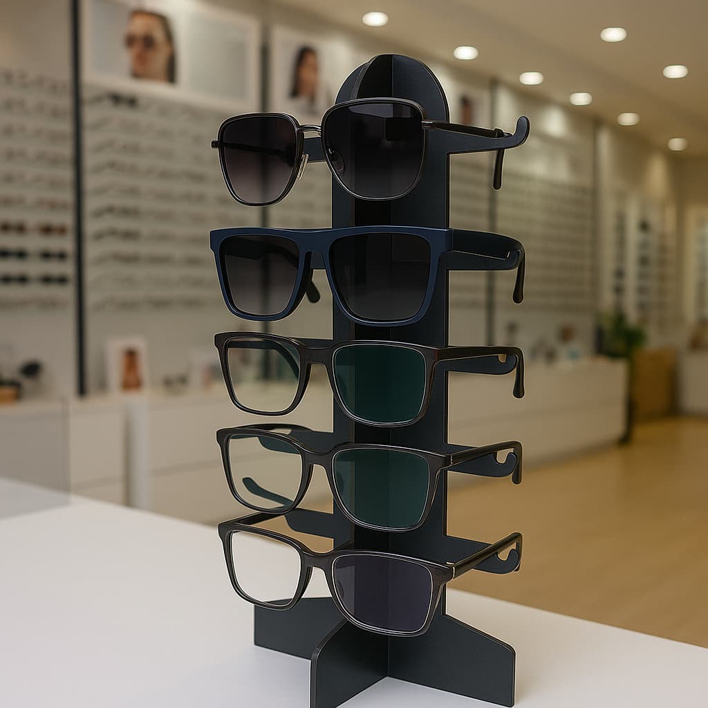 Expositor display para óculos vitrine balcão para 5 óculos em mdf preto