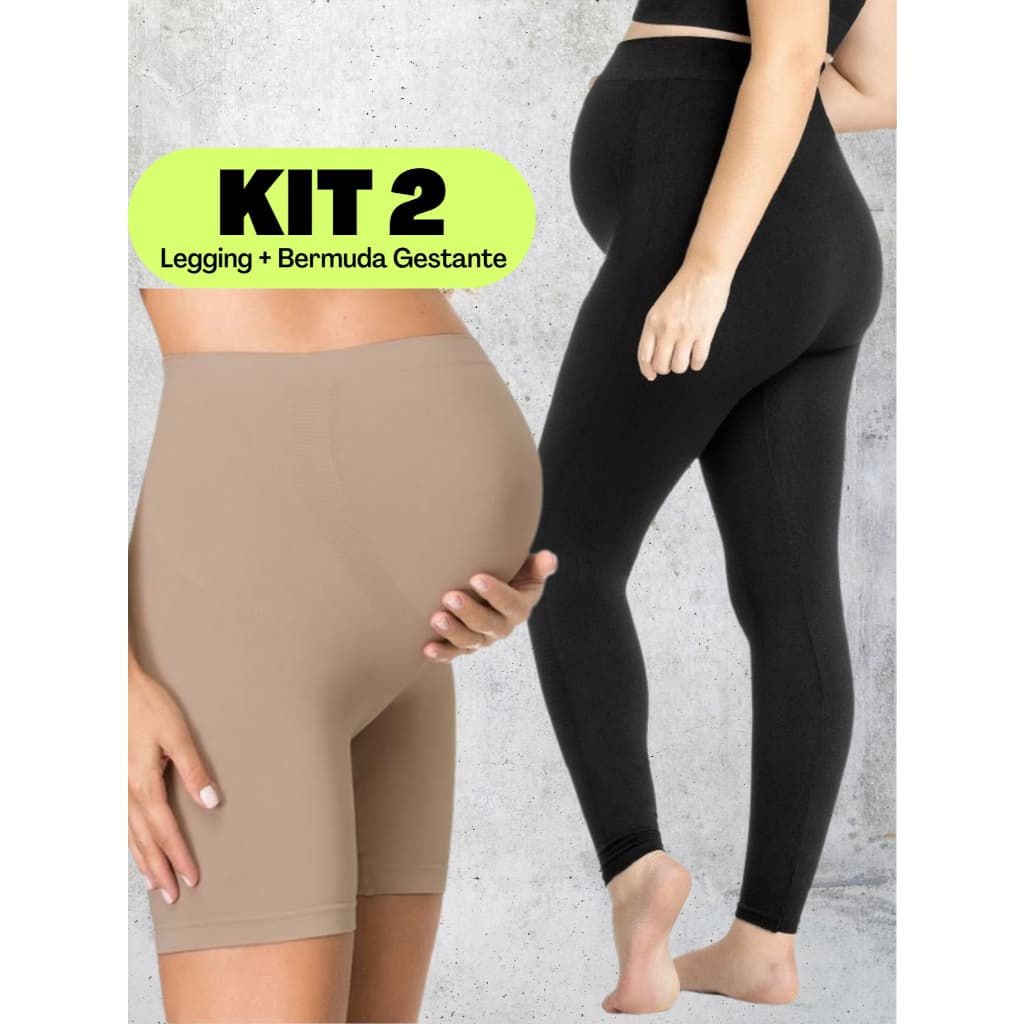 Kit Com Duas Peças - 1 Calça Legging Gestante + 1 Bermuda Gestante Formato Anatomico