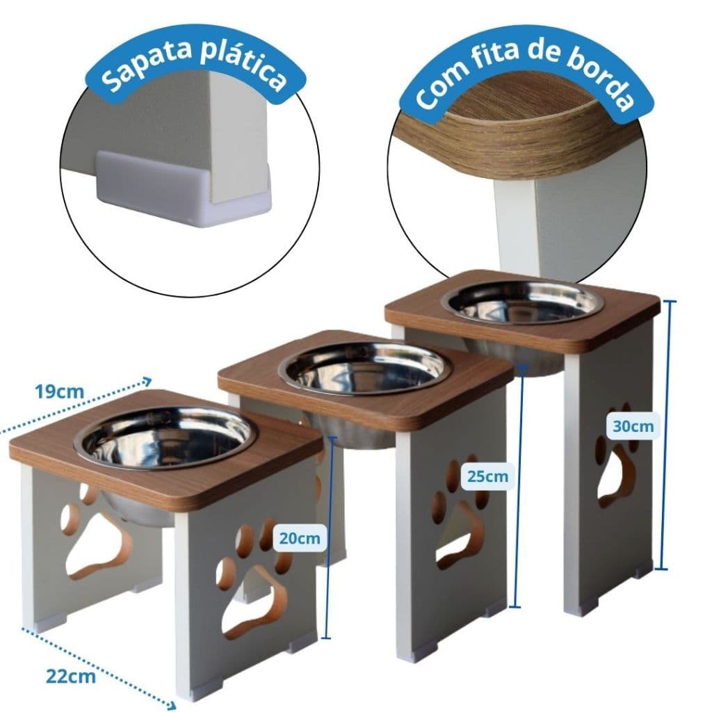 Comedouro Elevado Cachorro Grande 20/25/30cm - Tigela Inox Porcelana MDF