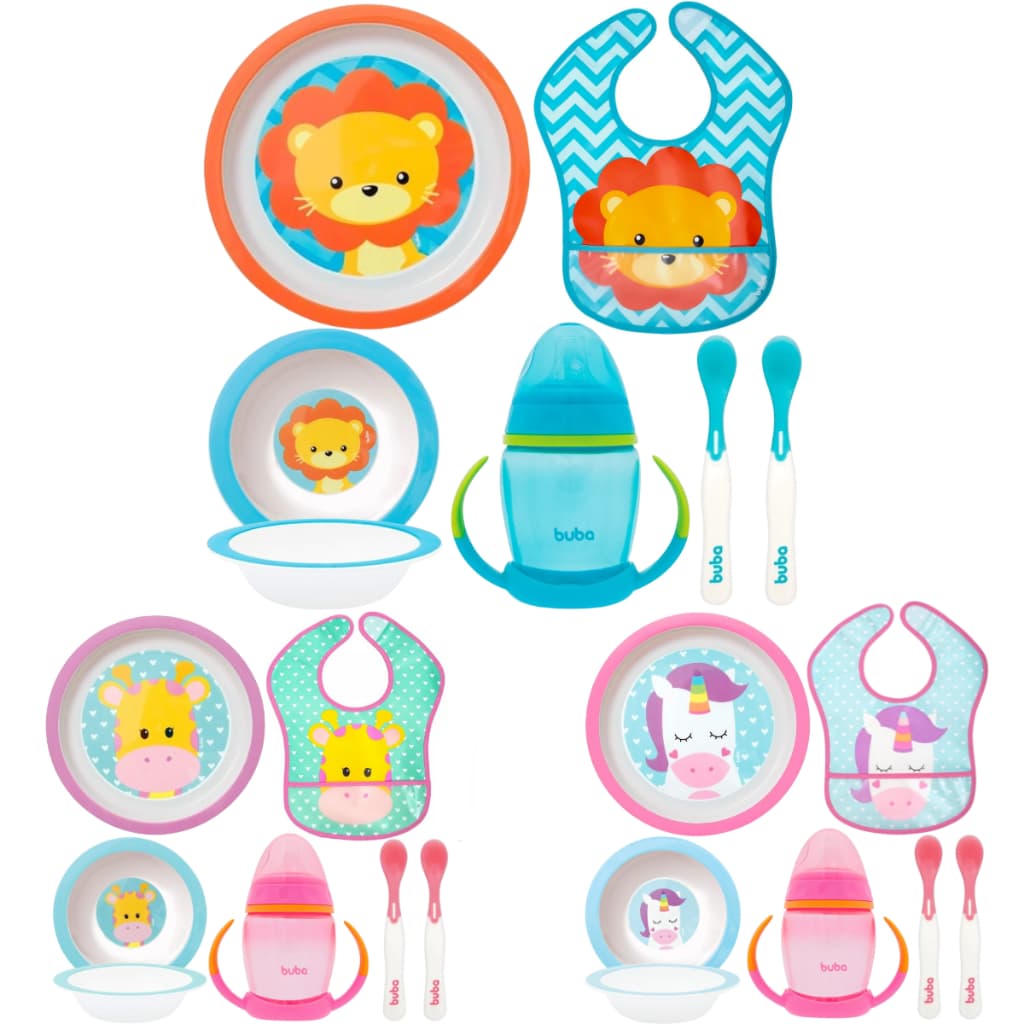 Kit Introdução Alimentar Buba Prato Raso Bowl Babador Impermeável Colher Termossensível Copo Alça
