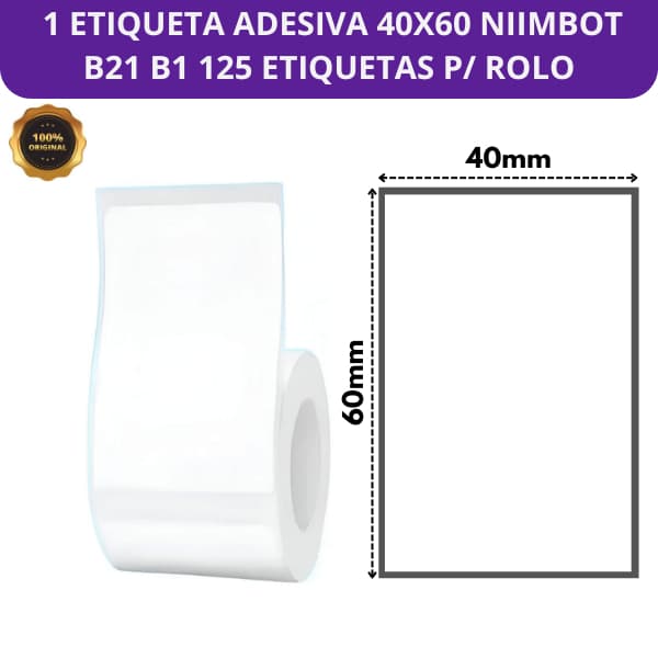 1 Etiqueta Adesiva 40X60 Niimbot B21/B1 125 Etiquetas no Rolo