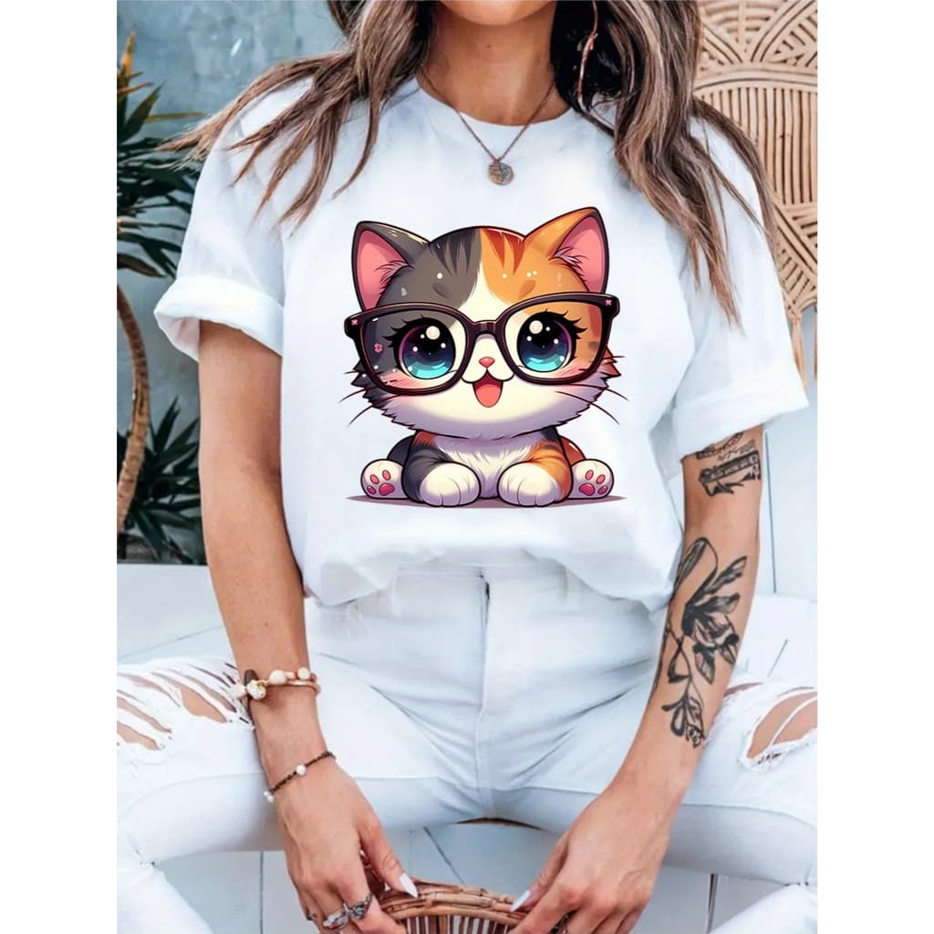 Camiseta Feminina Algodão Adulto, Infantil Blusinha Gato IA Nerd Fofo Streetwear Moda Premium