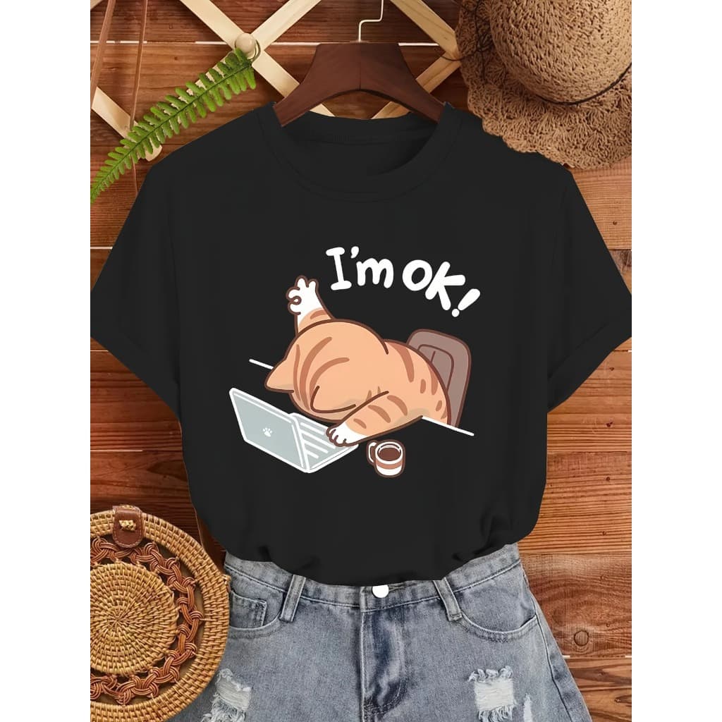 Camiseta Feminina Algodão Adulto Infantil Blusinha Gato Computador Rotina Im OK Streetwear  Premium