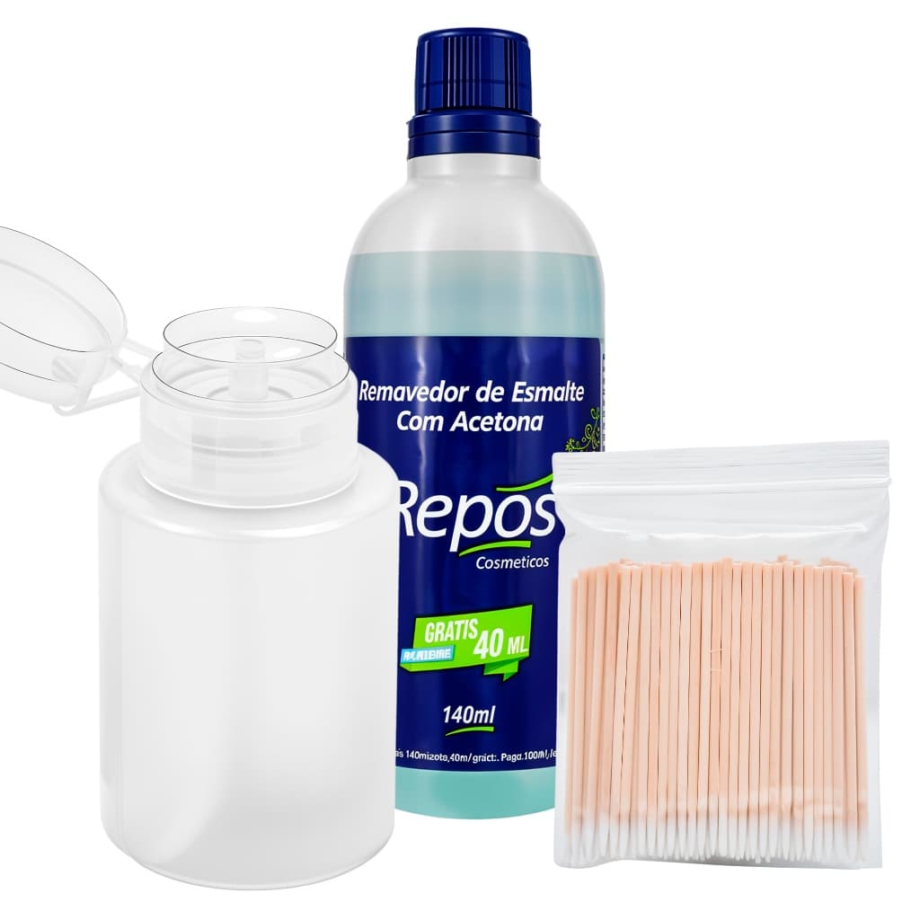 Kit Higiene Remoção de Esmalte Acetona Repos 100ml Frasco Dosador Palito com Algodão