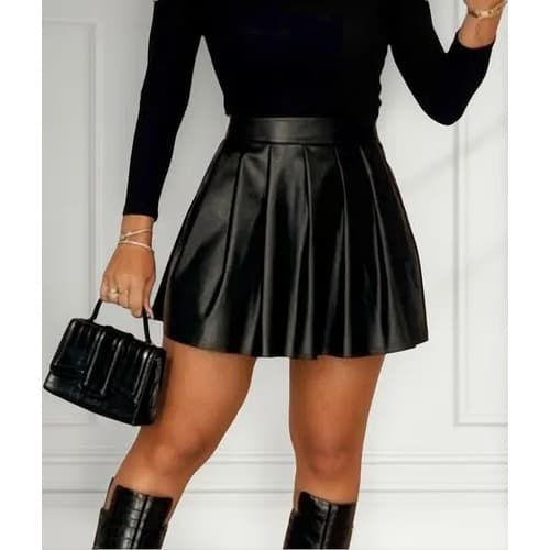 Saia Feminina Curta Couro Sintético Pregas