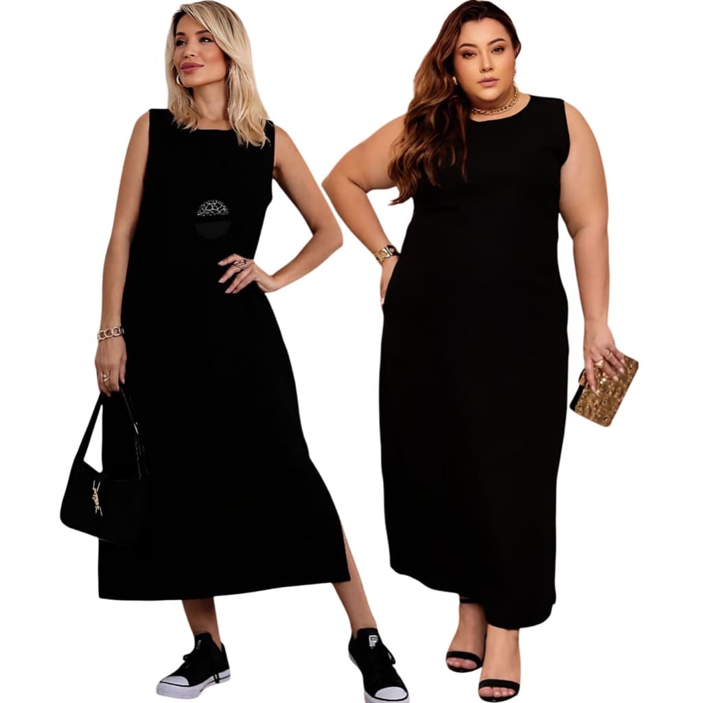 Vestido Midi Bolsos e Fendas Laterais Linho Forrado Evangélico Casual Trabalho P ao G3 Uniforme
