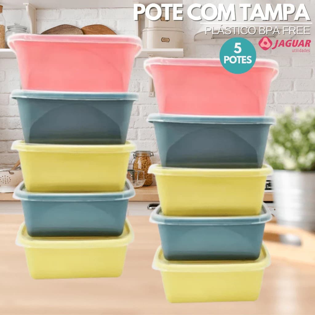 Kit 5 Potes Conjunto de Pote Plástico 750ml Com Tampa Transparente Marmita Microondas Freezer