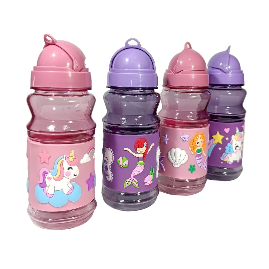 Garrafa Infantil com Canudo Emborrachada 3D Unicornio Sereia Squeeze Garrafinha Plástica Capivara