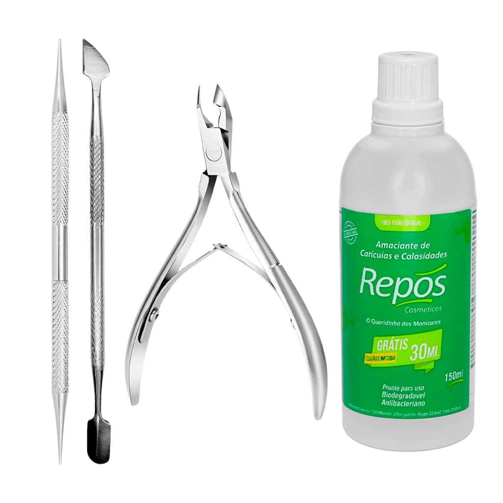 Kit Amolecedor de Cutículas e Calos Repos 100ml + Alicate de Cutícula + Instrumentos Inox