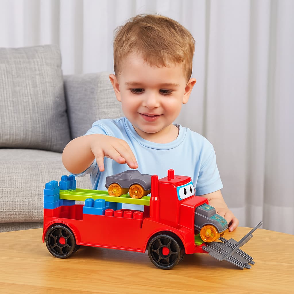 Caminhão de Blocos Infantil Mega Truck Aventura Click Dismat com Carrinhos 18+ Meses