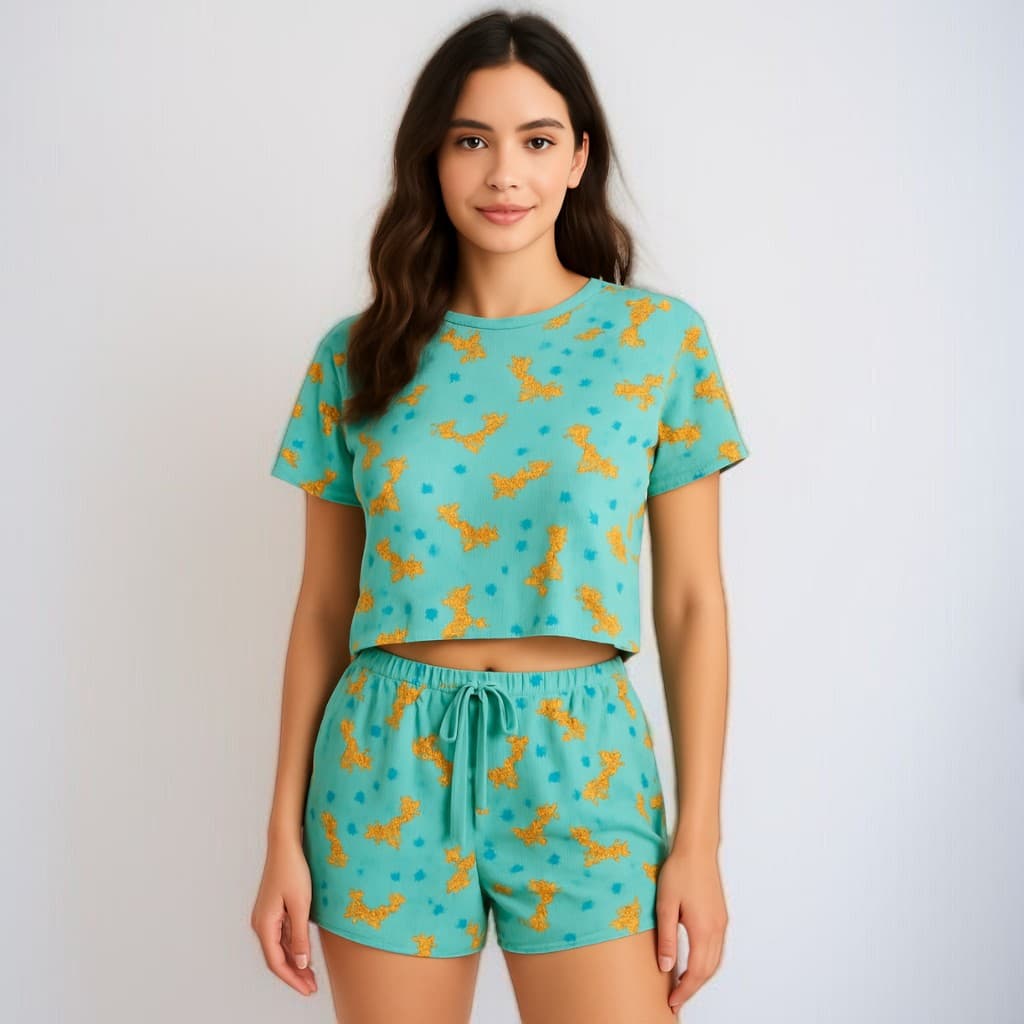 Baby Doll Canelado Feminino de Dormir Pijama Estampado Meia Manga Cropped Short Dool Feminino