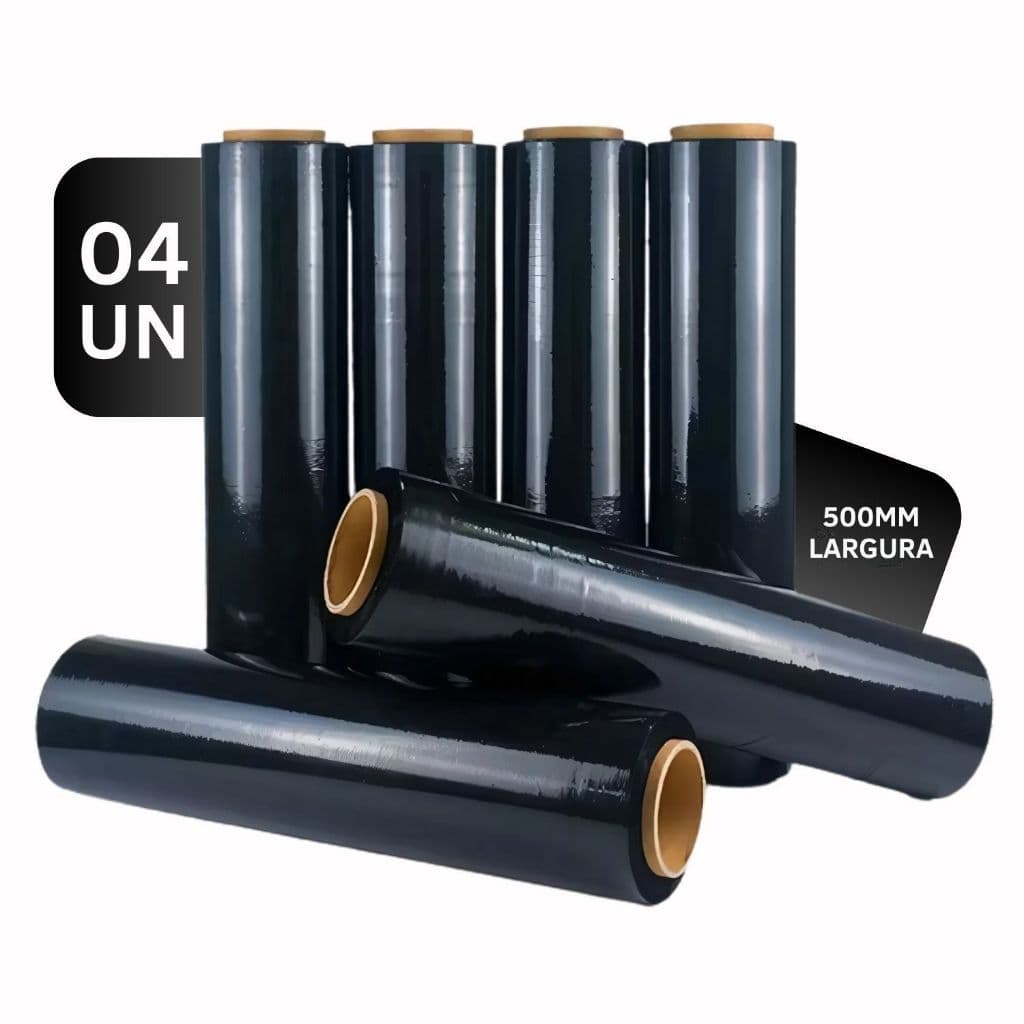 Kit 4 Rolos Bobina Stretch Preto 0,025 Micras 500mm Embalagem Proteção Ecommerce